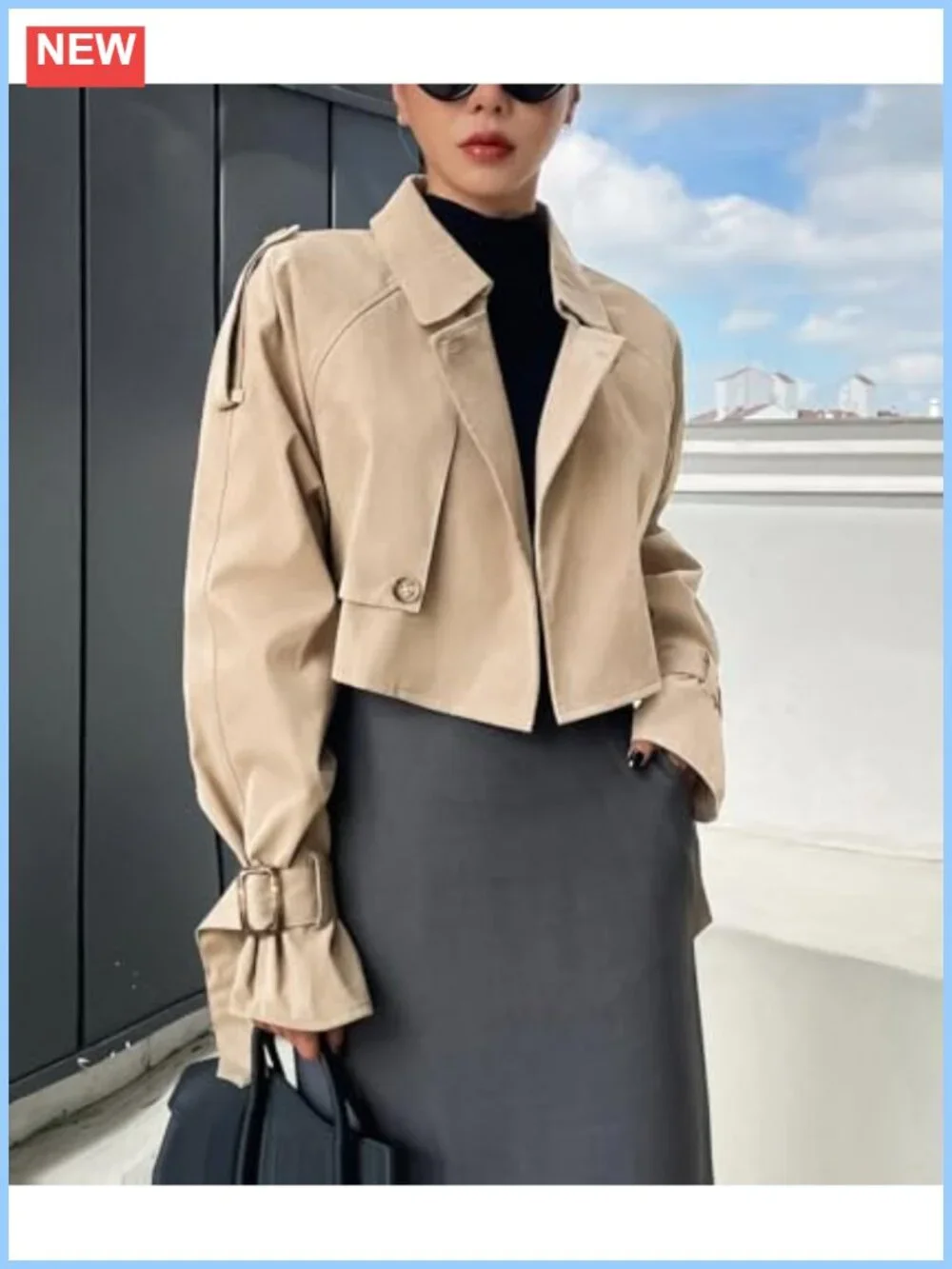 Women's Cropped Trench Coat Double-Breasted Long Sleeve Cotton Fashion Jacket